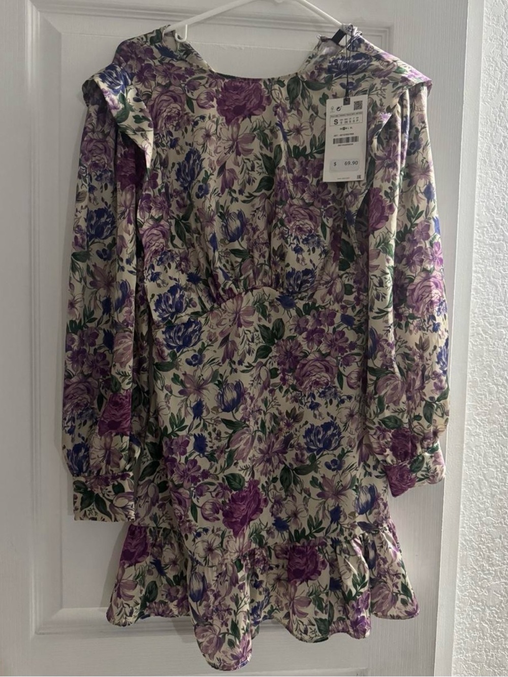 Zara Floral Long-Sleeve Ruffle Hem Dress - Purple & Green on Cream
